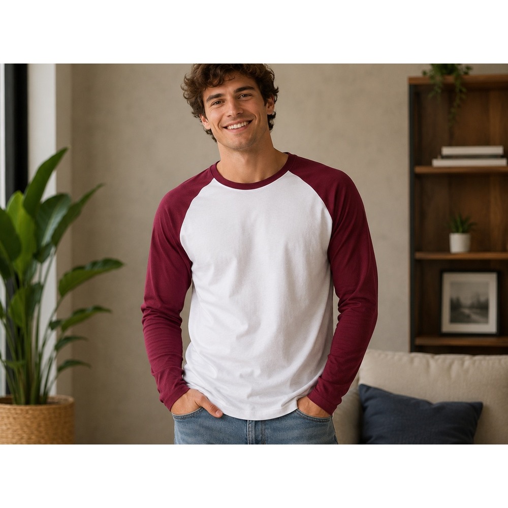 Royal Avalon Sport Raglan Tee Mens XL White Burgundy Long‎ Sleeve Rounded Hem